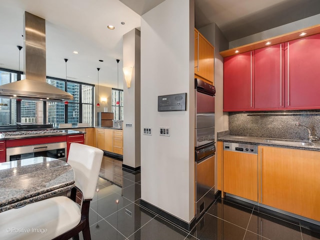 333 W Hubbard St Unit 1006, Chicago, IL 60654 - kitchen featuring island exhaust hood, paneled dishwasher, oven, backsplash, and recessed lighting