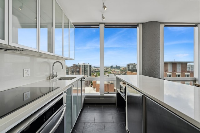 1300 N Astor St Unit 26C, Chicago, IL 60610 - kitchen with wall oven, a city view, light countertops, a wall of windows, and glass insert cabinets
