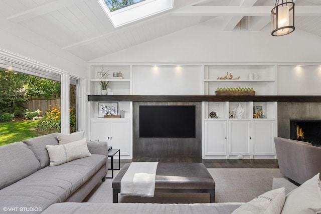 19 N Stough St, Hinsdale, IL 60521 - living room featuring a lit fireplace, a skylight, dark wood-style floors, and built in features
