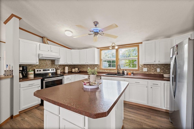 510 W Rhodes St, Thomasboro, IL 61878 - kitchen featuring stainless steel appliances, under cabinet range hood, dark countertops, dark wood-type flooring, and a textured ceiling