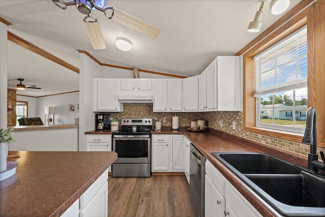 510 W Rhodes St, Thomasboro, IL 61878 - kitchen with appliances with stainless steel finishes, ventilation hood, dark countertops, lofted ceiling, and backsplash