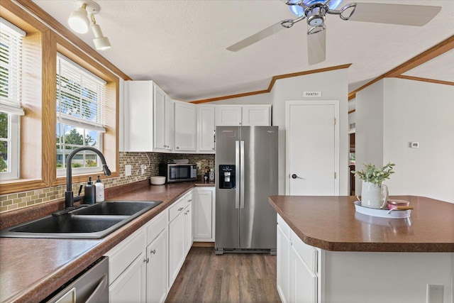 510 W Rhodes St, Thomasboro, IL 61878 - kitchen with appliances with stainless steel finishes, dark countertops, a ceiling fan, backsplash, and lofted ceiling