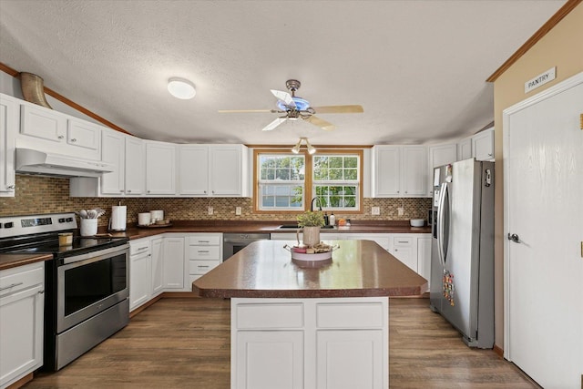 510 W Rhodes St, Thomasboro, IL 61878 - kitchen featuring stainless steel appliances, under cabinet range hood, a ceiling fan, tasteful backsplash, and dark countertops