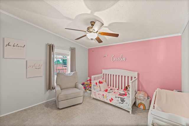 510 W Rhodes St, Thomasboro, IL 61878 - carpeted bedroom with lofted ceiling, a crib, crown molding, a ceiling fan, and a textured ceiling