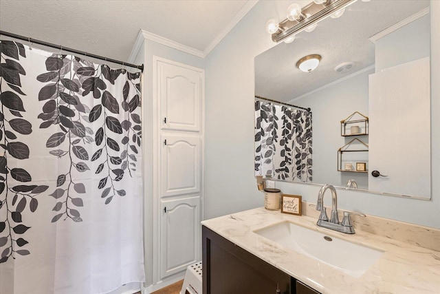 510 W Rhodes St, Thomasboro, IL 61878 - bathroom with vanity, crown molding, a textured ceiling, and a shower with shower curtain