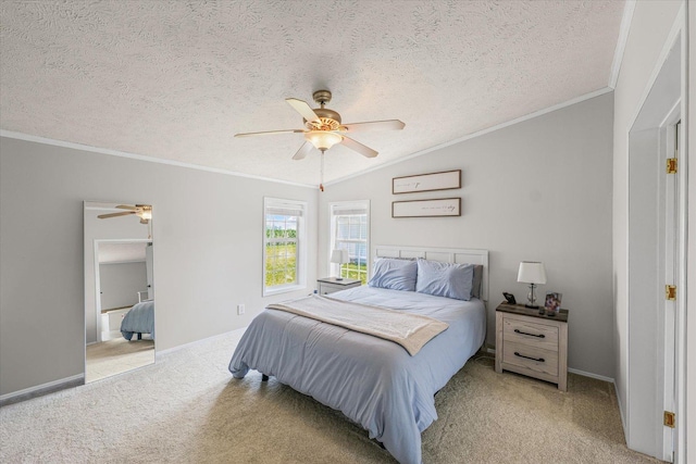 510 W Rhodes St, Thomasboro, IL 61878 - bedroom with light colored carpet, ornamental molding, a textured ceiling, a ceiling fan, and lofted ceiling