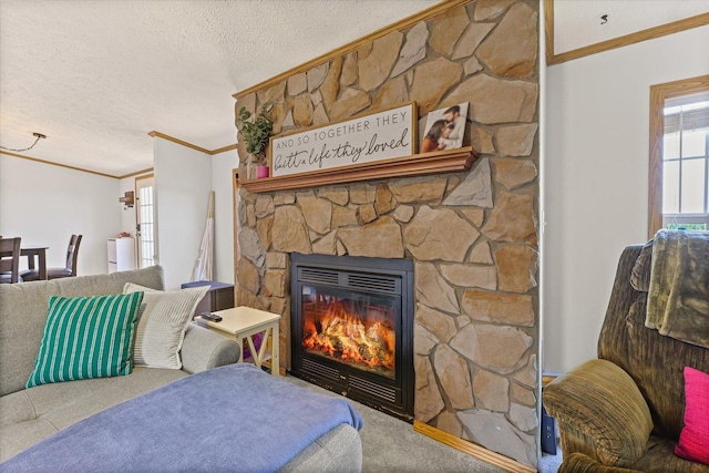 510 W Rhodes St, Thomasboro, IL 61878 - carpeted bedroom featuring ornamental molding, a textured ceiling, and a fireplace