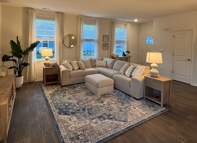 1135 Williamsburg St, Pingree Grove, IL 60140 - living room featuring dark wood-style floors and recessed lighting