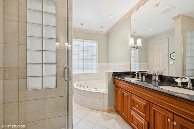 622 W Waveland Ave Unit 2W, Chicago, IL 60613 - full bath featuring tile patterned flooring, a whirlpool tub, double vanity, a stall shower, and ornamental molding