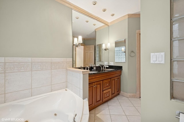 622 W Waveland Ave Unit 2W, Chicago, IL 60613 - full bathroom featuring crown molding, a whirlpool tub, double vanity, and tile patterned floors