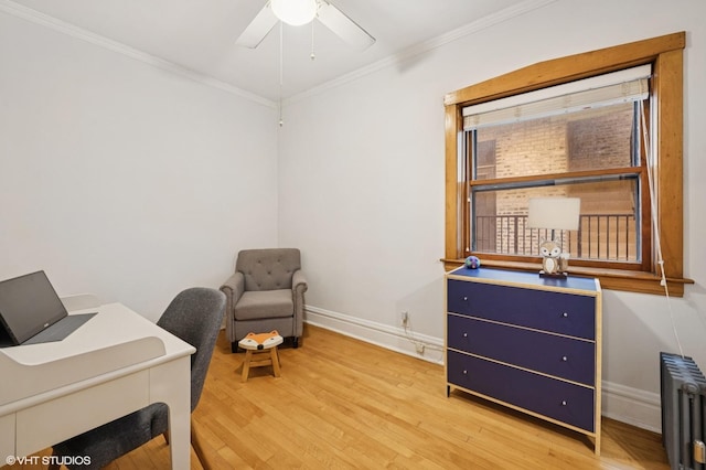 622 W Waveland Ave Unit 2W, Chicago, IL 60613 - home office with radiator heating unit, light wood-style flooring, ornamental molding, and a ceiling fan