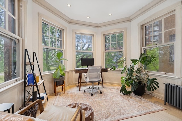 622 W Waveland Ave Unit 2W, Chicago, IL 60613 - office area with radiator heating unit, wood finished floors, ornamental molding, healthy amount of natural light, and recessed lighting