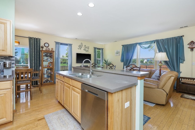 3707 Bowie Ct, Joliet, IL 60435 - kitchen featuring dishwasher, open floor plan, light wood-type flooring, light brown cabinets, and recessed lighting