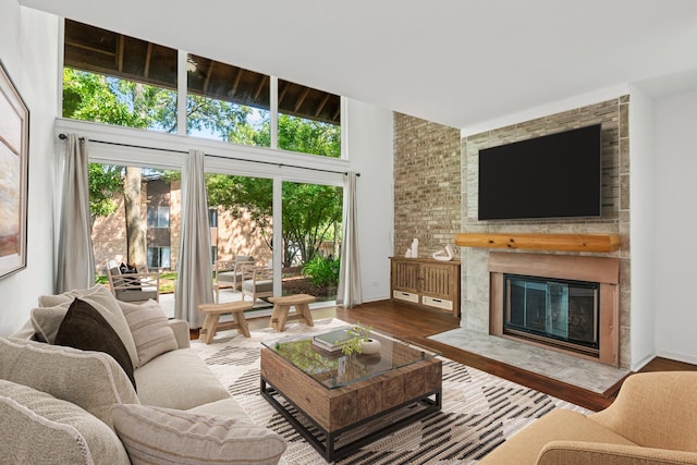 5916 Meadow Dr Unit 149-A, Lisle, IL 60532 - living area featuring a large fireplace, healthy amount of natural light, and wood finished floors
