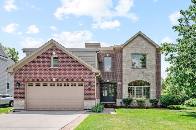 2115 Washington Ave, Wilmette, IL 60091 - traditional-style home featuring stone siding, driveway, a front yard, a garage, and french doors