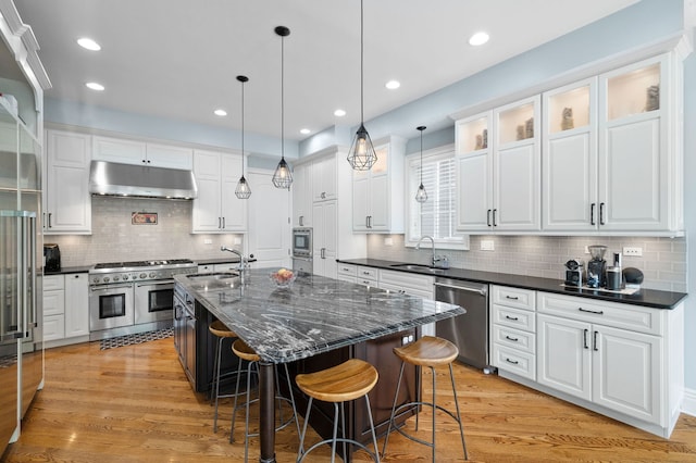 2115 Washington Ave, Wilmette, IL 60091 - kitchen featuring high quality appliances, under cabinet range hood, a kitchen breakfast bar, white cabinetry, and tasteful backsplash