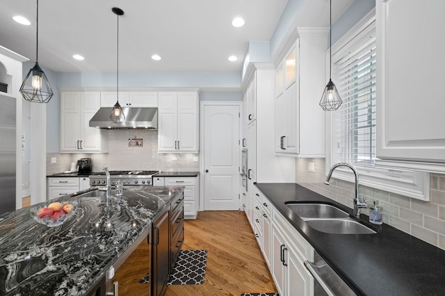 2115 Washington Ave, Wilmette, IL 60091 - kitchen featuring under cabinet range hood, white cabinetry, backsplash, hanging light fixtures, and recessed lighting