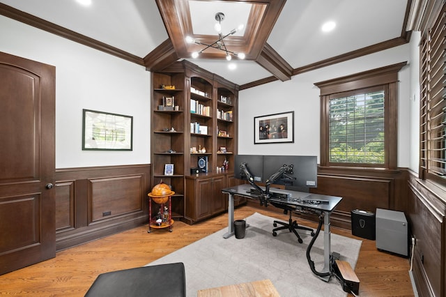 2115 Washington Ave, Wilmette, IL 60091 - home office featuring a chandelier, light wood-style floors, crown molding, wainscoting, and built in features