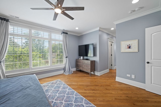 2115 Washington Ave, Wilmette, IL 60091 - bedroom with crown molding, recessed lighting, wood finished floors, and a ceiling fan