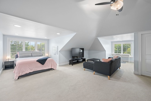 2115 Washington Ave, Wilmette, IL 60091 - bedroom with carpet, multiple windows, lofted ceiling, a ceiling fan, and recessed lighting