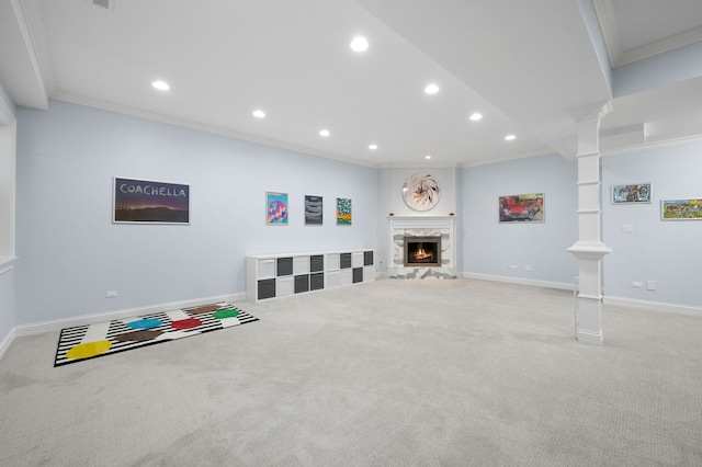 2115 Washington Ave, Wilmette, IL 60091 - unfurnished living room with carpet flooring, crown molding, recessed lighting, ornate columns, and a premium fireplace