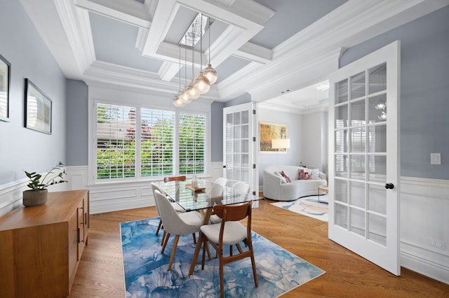 2115 Washington Ave, Wilmette, IL 60091 - dining area featuring ornamental molding, coffered ceiling, a wainscoted wall, and beamed ceiling