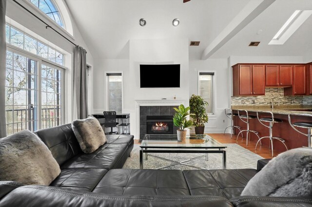 4809 S Wabash Ave Unit 3, Chicago, IL 60615 - living room featuring a fireplace, a skylight, wood finished floors, and high vaulted ceiling