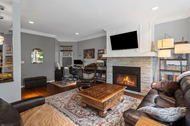 4026 N Clarendon Ave Unit 2N, Chicago, IL 60613 - living area with wood finished floors, a warm lit fireplace, recessed lighting, ornamental molding, and a desk