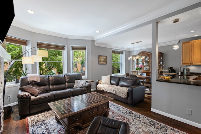 4026 N Clarendon Ave Unit 2N, Chicago, IL 60613 - living room featuring ornamental molding, dark wood-type flooring, and recessed lighting