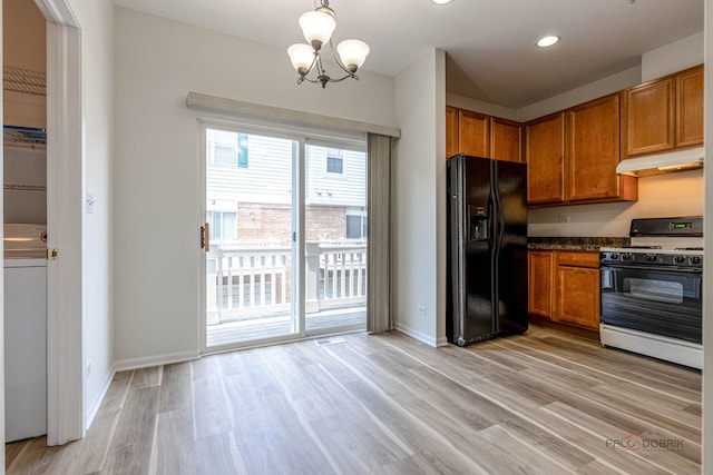 6163 Mayfair St, Morton Grove, IL 60053 - kitchen featuring stove, black refrigerator with ice dispenser, under cabinet range hood, brown cabinets, and light wood-style flooring