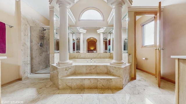 11 Carrington Ct, Hazel Crest, IL 60429 - full bath with decorative columns, a garden tub, a stall shower, and marble finish floors