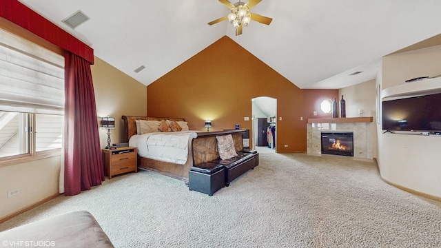 11 Carrington Ct, Hazel Crest, IL 60429 - bedroom featuring carpet floors, a tile fireplace, ceiling fan, high vaulted ceiling, and a spacious closet