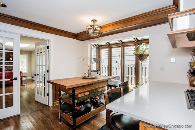 824 62nd St, Downers Grove, IL 60516 - dining space with french doors, dark wood-type flooring, ornamental molding, and a chandelier