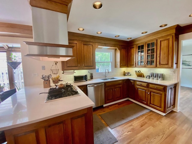 824 62nd St, Downers Grove, IL 60516 - kitchen with stainless steel dishwasher, brown cabinets, custom range hood, light countertops, and recessed lighting