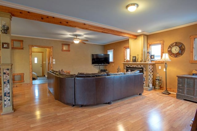 7842 S Blazer Ave, Justice, IL 60458 - living area featuring light wood-style flooring, a ceiling fan, a fireplace, crown molding, and beam ceiling