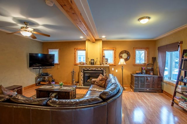7842 S Blazer Ave, Justice, IL 60458 - living room featuring wood finished floors, a glass covered fireplace, ceiling fan, beam ceiling, and crown molding