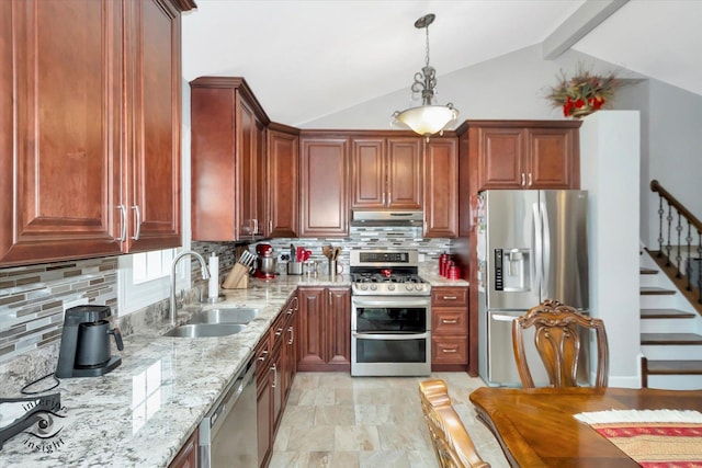 16529 Edgewood Dr, Plainfield, IL 60544 - kitchen with stainless steel appliances, under cabinet range hood, light stone countertops, decorative backsplash, and pendant lighting