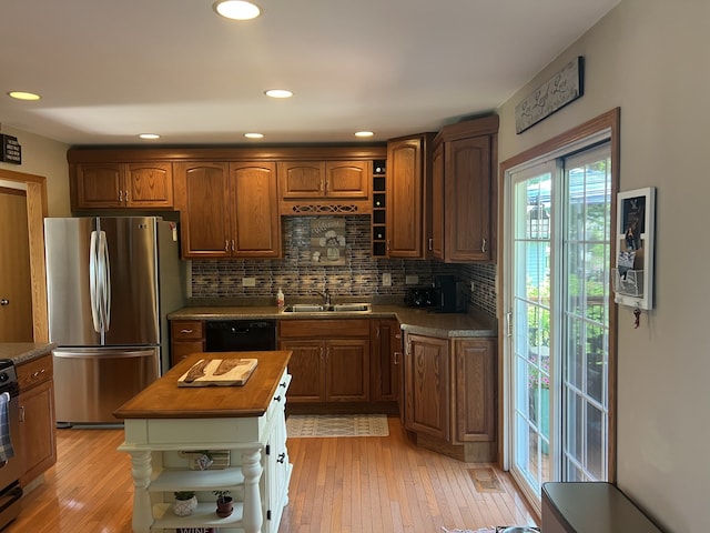 980 Hillcrest Blvd, Hoffman Estates, IL 60169 - kitchen featuring open shelves, freestanding refrigerator, butcher block countertops, dishwasher, and decorative backsplash