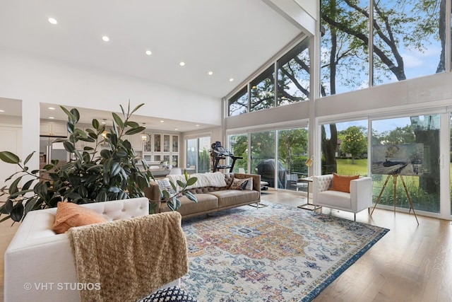 3118 River Falls Dr, Northbrook, IL 60062 - living room featuring recessed lighting, wood finished floors, a towering ceiling, and healthy amount of natural light