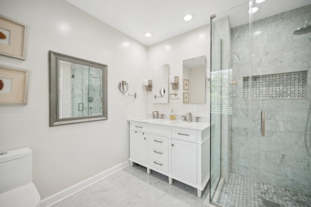 200 W Center Ave, Lake Bluff, IL 60044 - bathroom featuring marble finish flooring, double vanity, a stall shower, and recessed lighting