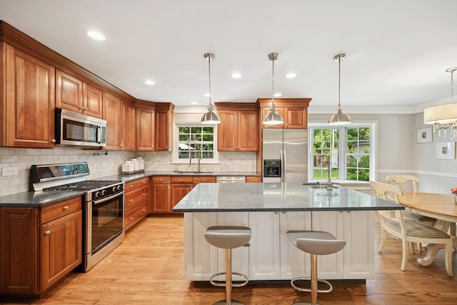 200 W Center Ave, Lake Bluff, IL 60044 - kitchen with appliances with stainless steel finishes, crown molding, healthy amount of natural light, a kitchen bar, and light wood-type flooring