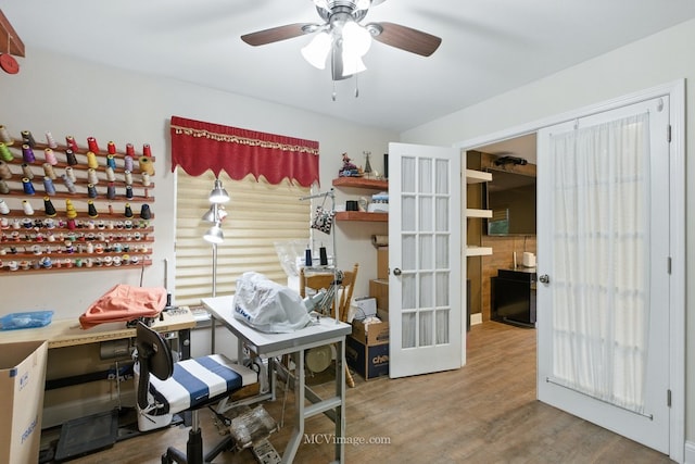 2943 Heather Ln, Montgomery, IL 60538 - office space featuring wood finished floors, a ceiling fan, and french doors