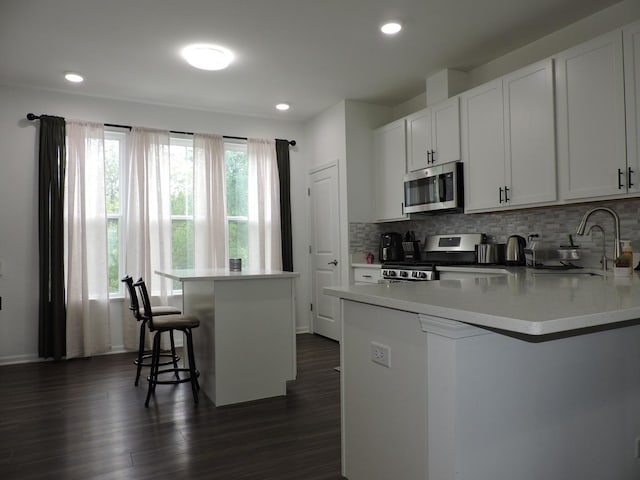 516 Wolverine Dr, Aurora, IL 60502 - kitchen featuring stainless steel appliances, a kitchen breakfast bar, tasteful backsplash, a peninsula, and dark wood-style flooring