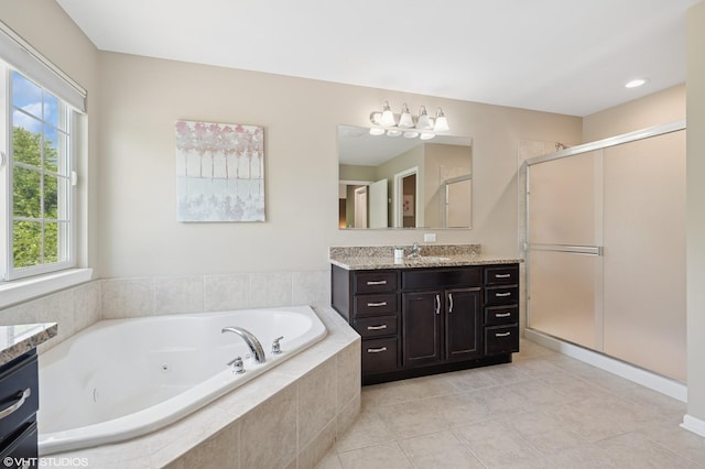 2865 Trail Crest Ln, Lindenhurst, IL 60046 - full bathroom with vanity, a shower stall, a tub with jets, and tile patterned flooring