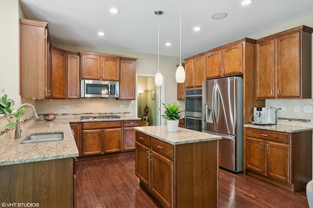 2865 Trail Crest Ln, Lindenhurst, IL 60046 - kitchen featuring stainless steel appliances, backsplash, light stone countertops, dark wood-type flooring, and recessed lighting
