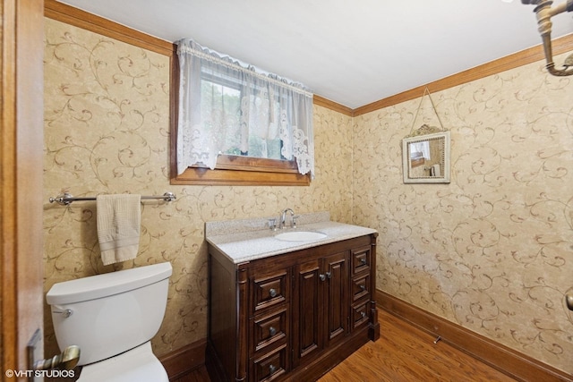 710 W Downer Pl, Aurora, IL 60506 - bathroom with wood finished floors, vanity, and ornamental molding