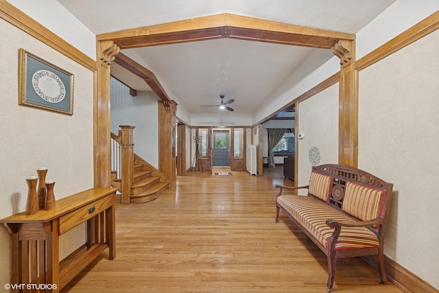 710 W Downer Pl, Aurora, IL 60506 - entrance foyer featuring light wood-style floors, stairs, and ceiling fan