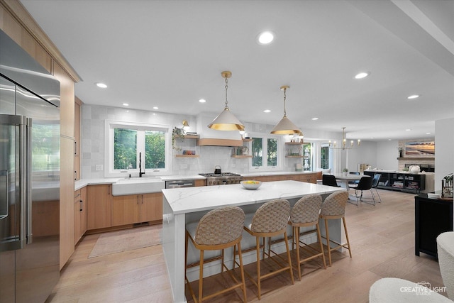 438 Hill Ave, Glen Ellyn, IL 60137 - kitchen with built in refrigerator, open shelves, decorative backsplash, light wood finished floors, and recessed lighting