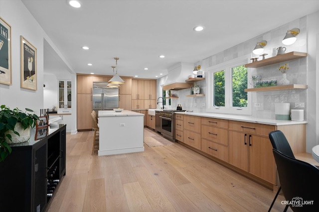 438 Hill Ave, Glen Ellyn, IL 60137 - kitchen with open shelves, premium appliances, custom range hood, light wood-style flooring, and decorative backsplash