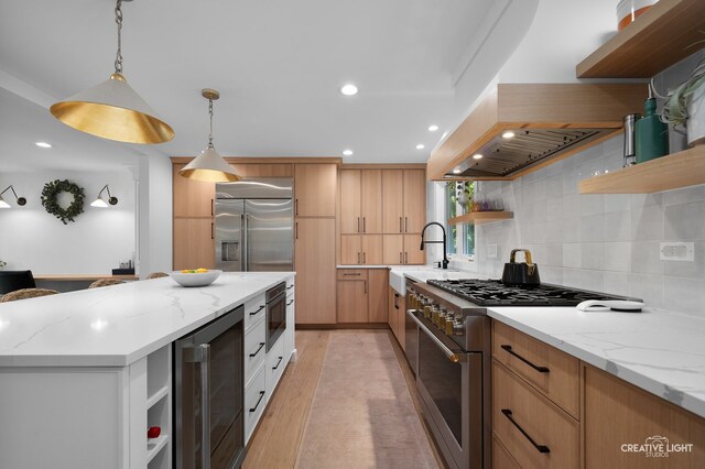 438 Hill Ave, Glen Ellyn, IL 60137 - kitchen featuring open shelves, high end appliances, wine cooler, exhaust hood, and backsplash